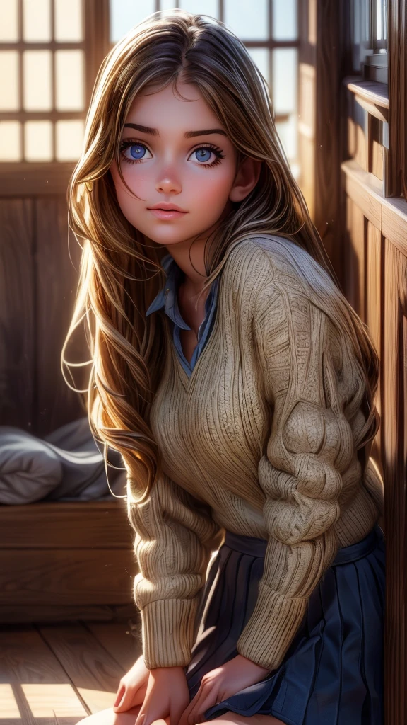 a young girl lying in the hallway of a wooden school building, beautiful detailed eyes, beautiful detailed lips, extremely detailed eyes and face, longeyelashes, school uniform, relaxed pose, sunlight streaming through windows, warm lighting, intricate wood grain textures, (best quality,4k,8k,highres,masterpiece:1.2),ultra-detailed,(realistic,photorealistic,photo-realistic:1.37),intricate architectural details,atmospheric,serene,cozy,soft colors,natural lighting
