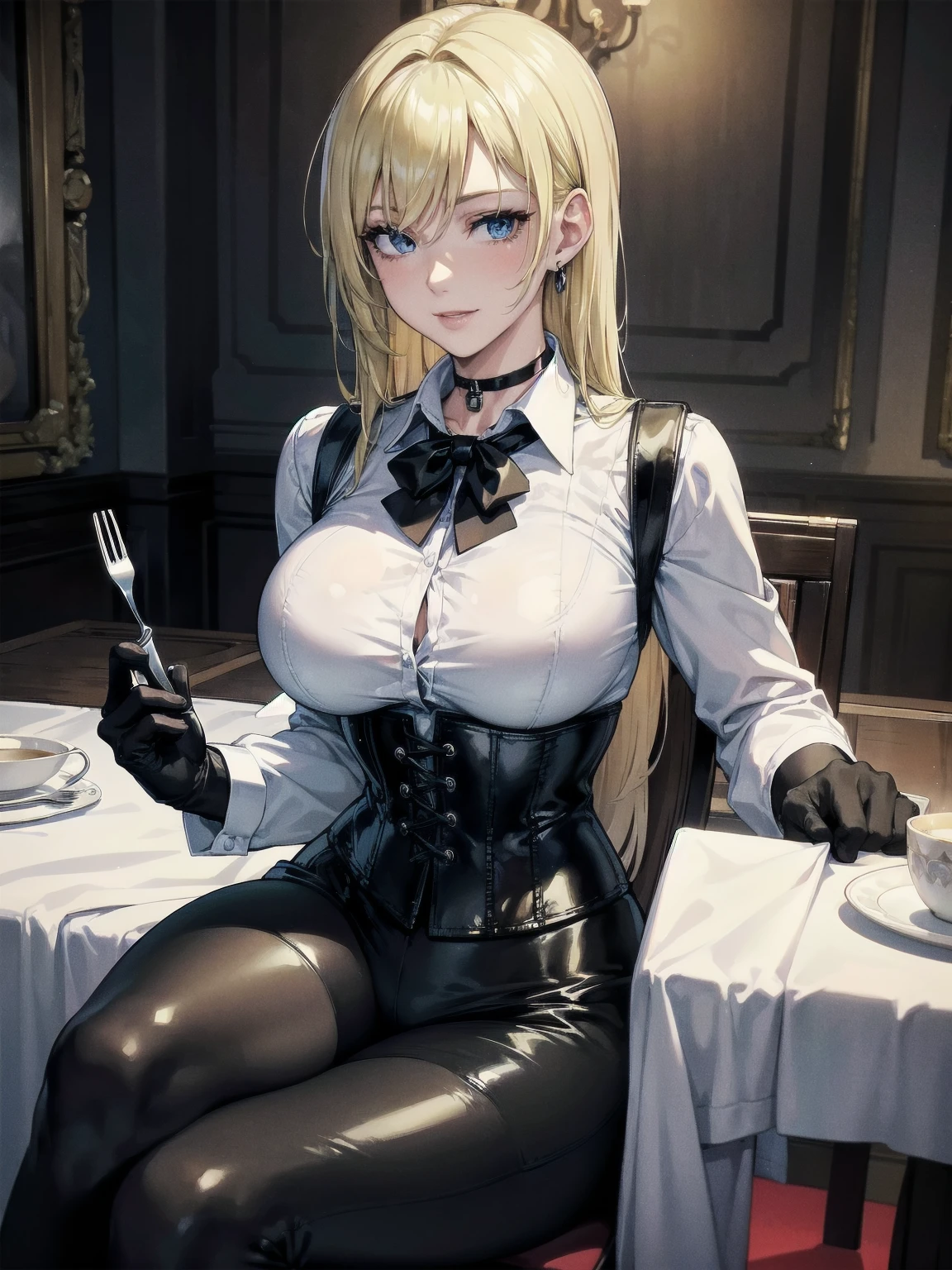 Masterpiece, Superior image quality, high resolution, 4k image,photo and gross, photorealistic, whole body, ung blonde of 15 years, sitting on a chair, perfectly drawn body, (big breasts), seductive expression, loving smile, Beautiful face, long blonde hair, Blue eyes, very detailed eyes,  choker:1.6, (white long sleeve button down shirt with white collar), black gloves, gloves that cover hands, (holding a fork), (black leather corset), (shiny black leggings), Sensual Lips , show details in the eyes, view from the left side, looking at the viewer,  ( Resident Evil style (1996) mansion background,  table with plates of food, dark and elegant dining room, At night, low lighting)