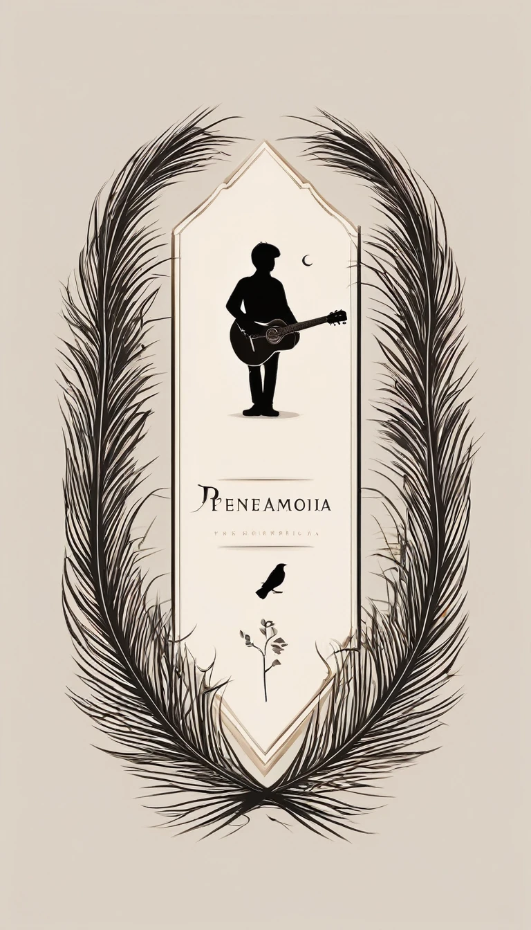 A minimal, modern, simple, cinematic logotype for the brand “Penamemoria". The logotype must be a simple, magical feather and a boy playing acoustic guitar. The logo must convey a sense of music, stories and dreams. Logo design impressed on a book cover. Minimalistic logo