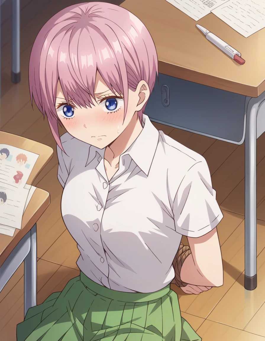 score_9, score_8_superior, score_7_superior, sauce_anime,
ichikanakano, Nakano Ichika, short hair, bangs, blue eyes, Hair between the eyes, Pink Hair, Pixie Cut,
skirt, shirt, , white shirt, Short sleeve, pleated skirt, collared shirt, sweater, green skirt, Waist clothes,
indoor, classroom, Embarrassed,Tied up with rope,Lying down,superior半身