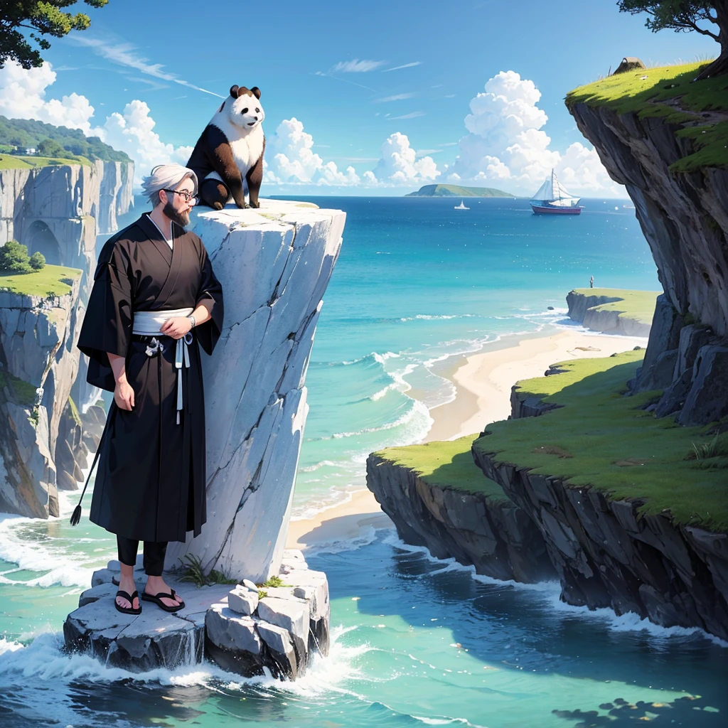 Create a high-quality anime-style image featuring a panda standing on a rocky cliff by the sea. The panda had white hair, a beard, and round glasses. He wears a black and white kimono, black trousers rolled up at the ankles, and wears samurai era footwear. His posture was relaxed, with his hands holding the samurai, looking seriously into the distance. The background consists of a bright blue sky filled with fluffy white clouds. Below the cliffs, there is a calm sea with boats and small coastal villages nestled at the foot of green mountain areas. This scene captures a peaceful and reflective moment, with bright colors and detailed shadows for emphasis