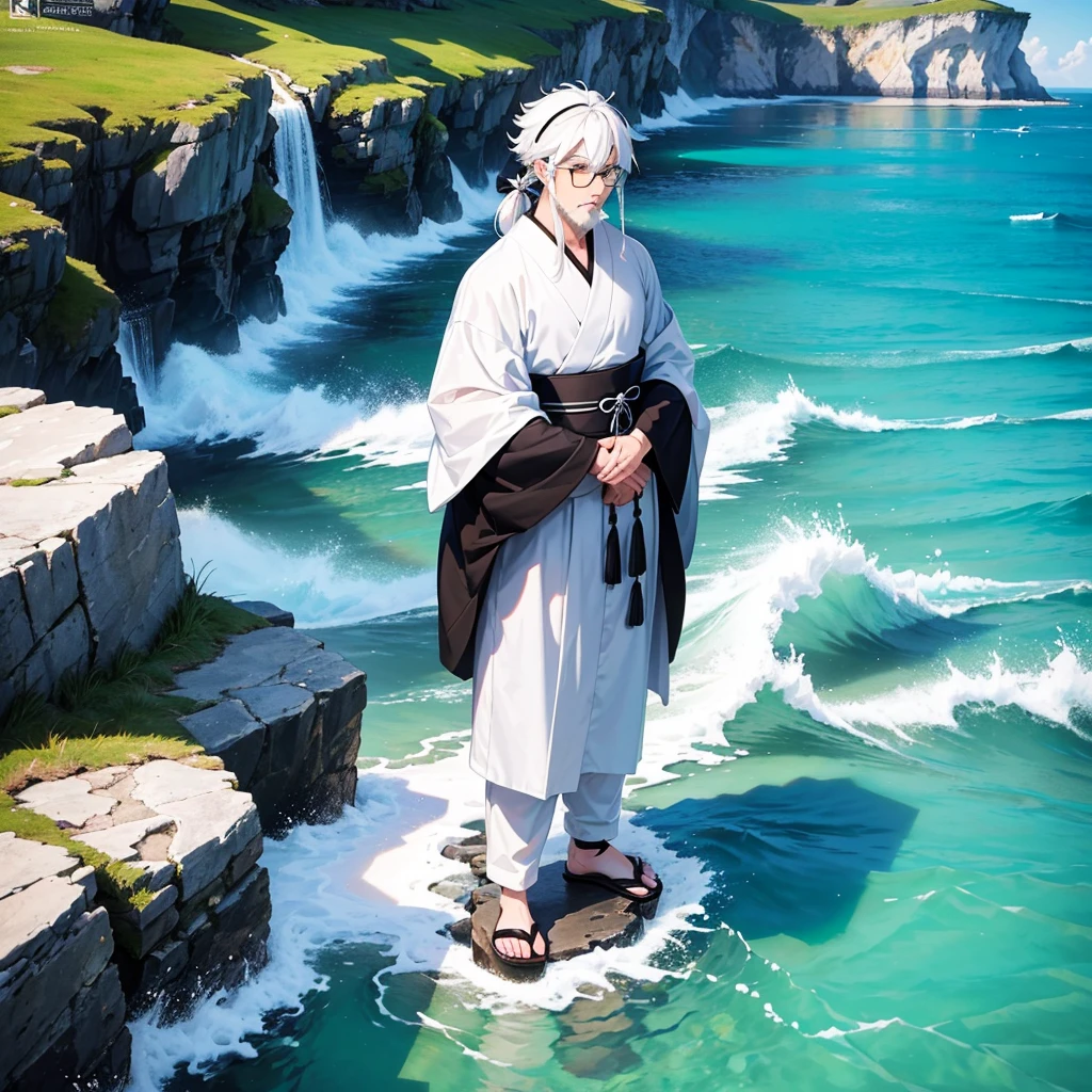 Create a high-quality anime-style image featuring a panda standing on a rocky cliff by the sea. The panda had white hair, a beard, and round glasses. He wears a black and white kimono, black trousers rolled up at the ankles, and wears samurai era footwear. His posture was relaxed, with his hands holding the samurai, looking seriously into the distance. The background consists of a bright blue sky filled with fluffy white clouds. Below the cliffs, there is a calm sea with boats and small coastal villages nestled at the foot of green mountain areas. This scene captures a peaceful and reflective moment, with bright colors and detailed shadows for emphasis