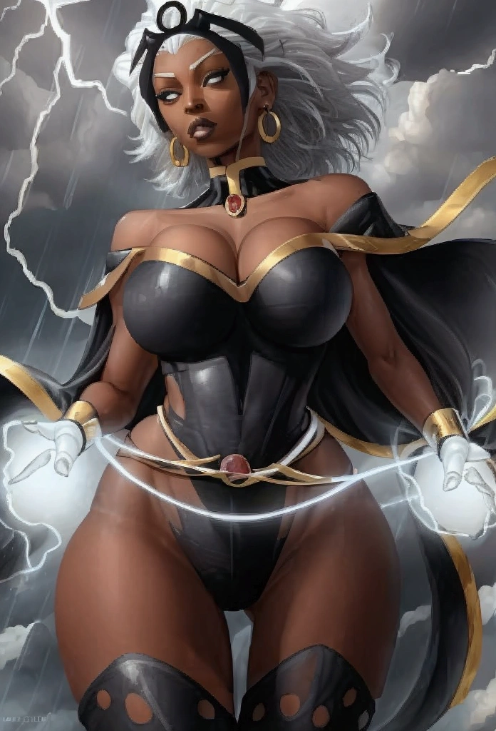 Beautiful and sensual Ororo Monroe in a white gothic warrior. Ororo, cape, thighigs, gloves, white hair, grey eyes, earrings, (Short hair), (strapless, exposed shoulder), (bodysuit),storm, dark skin, brown skin, white hair, ,Ororo, midriff, cape thigh highs gloves, bodysuit earrings short hair