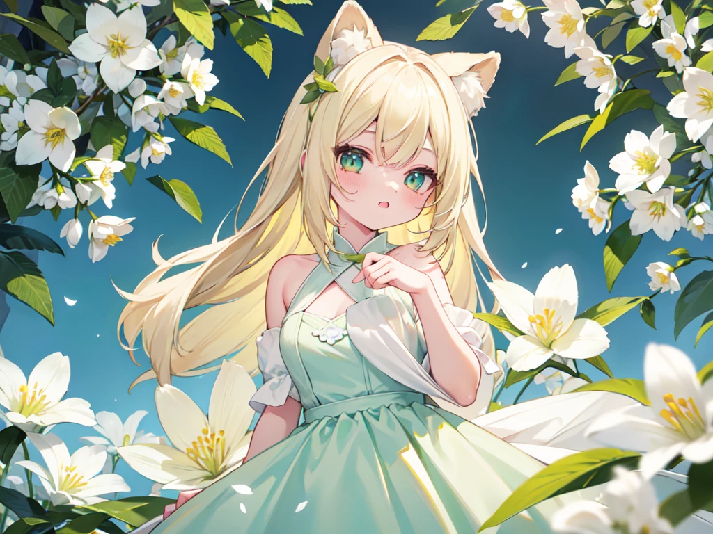 1girl, animal ears, pale blonde hair, ash blonde hair, minty green dress, yellow flowers, mint green flowers, white flowers, blossoms, cute, fun pose, extremely detailed, photorealistic, 8k, high quality, masterpiece, studio lighting, vibrant colors, professional digital art, 1girl, animal ears, pale blonde, ash blonde, minty green, color palette: (yellow, mint, white), flowers, blossoms, cute, extremely detailed, fun pose,lio