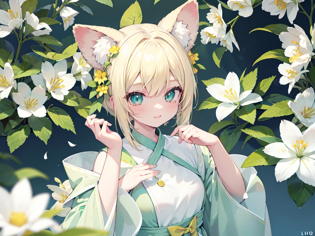 1girl, animal ears, pale blonde hair, ash blonde hair, minty green dress, yellow flowers, mint green flowers, white flowers, blossoms, cute, fun pose, extremely detailed, photorealistic, 8k, high quality, masterpiece, studio lighting, vibrant colors, professional digital art, 1girl, animal ears, pale blonde, ash blonde, minty green, color palette: (yellow, mint, white), flowers, blossoms, cute, extremely detailed, fun pose,lio
