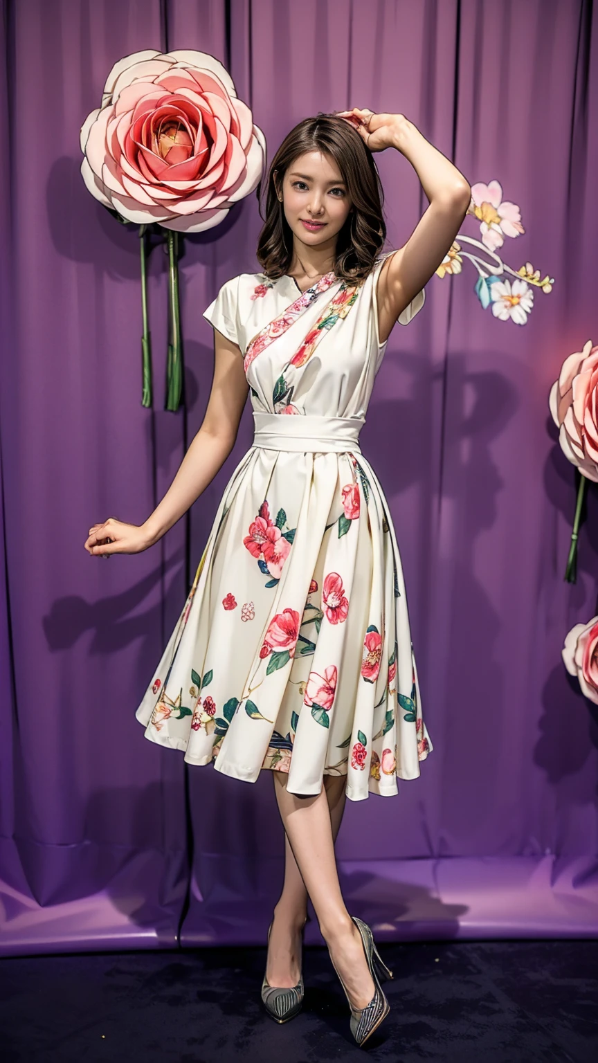 ((masterpiece)),(((Highest quality))),Thin thighs,Long legs,whole body:1.5，(One Girl:1.3),(Black high heels：1.3),(Wearing a floral striped mid-long flared skirt dress:1.2),Curly blonde hair:1.2、Model pose standing with legs apart:1.5，Bright expression:1.5
