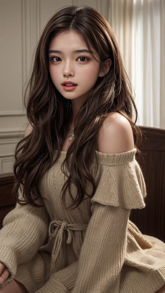 Brown hair,photorealism, masterpiece, wavy hair, open mouth, , small bust, highly detailed, offshoulder,1 girl