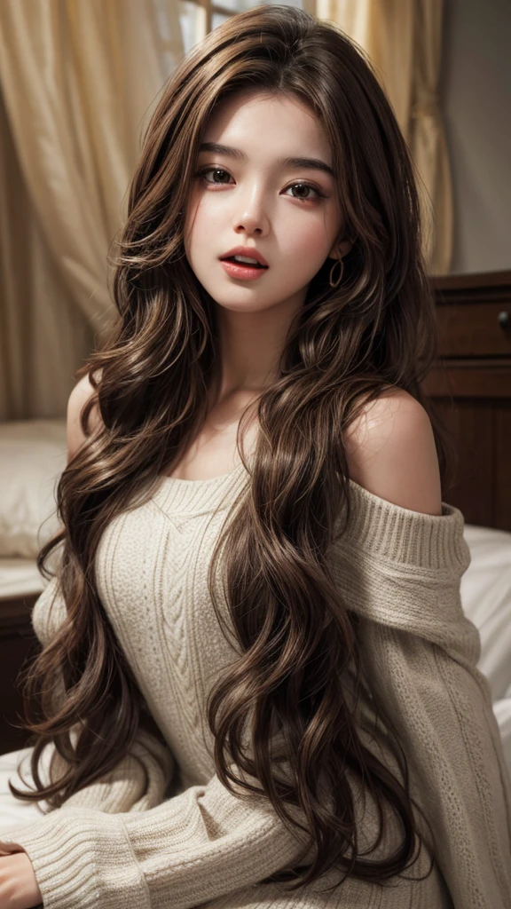 Brown hair,photorealism, masterpiece, wavy hair, open mouth, teen, small bust, highly detailed, offshoulder,1 girl