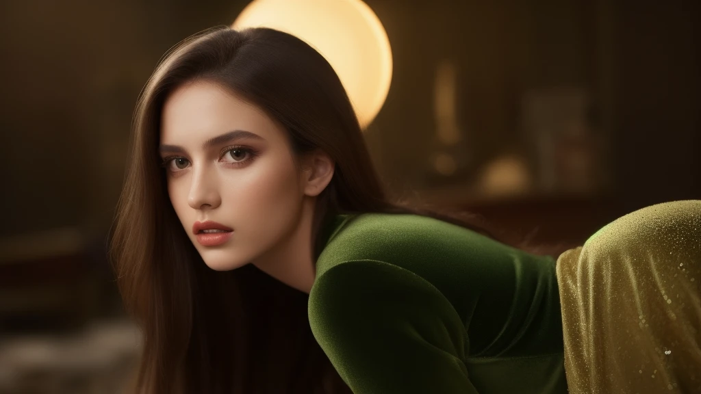 whole body, a beautiful italian female model, detailed facial features, Long brown hair, Stunning green eyes, full lips, elegant expression, posing gracefully, cinematographic lighting, dramatic shadows, rich warm tones, velvet dress, high fashion, attractive, (Best Quality,4k,8k,high resolution,Masterpiece:1.2),ultra detailed,(realist,photorealist,photo-realist:1.37),studio lighting,physically based rendering,vivid colors,cinematographic, full figure, Photoshoot.