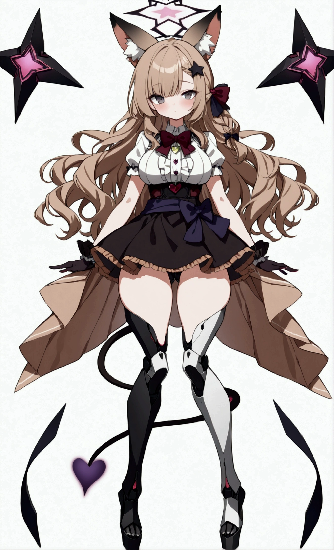 Woman 180cm tall, big chest, wide hip, slim build, charming look, (dark blonde hair), ((hip length loose wavy hair, asymmetrical bangs, star hairpin)), (a short braid on the left and right side of the hair tied with an elegant purple ribbon), (small ribbons at the back of the hair), ((Gray eyes with a pink 4-pointed star in the pupil)), (two black fox ears located on the top of the head), (luminous black halo in the shape of a 4-pointed star on the head), ((It has a small black succubus tail that ends in the shape of a heart)), (((It has complex mechanical legs that reach up to the thighs., The legs are dark gray with small burgundy and black details))), (elegant knee length one piece dress, small Vinotinto bowtie on the neck of the dress, white bust with vertical black lines, ruffles in the middle of the bust, lace and ruffle skirt, short sleeves with ruffles, ribbon decorations and star patterns on the dress), black ruffled gloves, Black platform heels, gray belt at the waist with a large ribbon with a luminous pink heart in the middle, black necklace with a heart pendant on the neck, (((character design sheet: front view))), ((whole body)), extremely detailed beautiful hair, beautiful detailed dress, extremely detailed arms, extremely detailed face, (Extremely detailed hands), perfect hands, small face, Beautiful detailed eyes, beautiful detailed lips, adorable, extremely detailed legs, (Best Quality, 8k, high resolution), ultra detailed, Exquisite and epic character art, ((White background)), (Focus on symmetry), (beautiful detailed succubus tail), (only one woman in the picture)