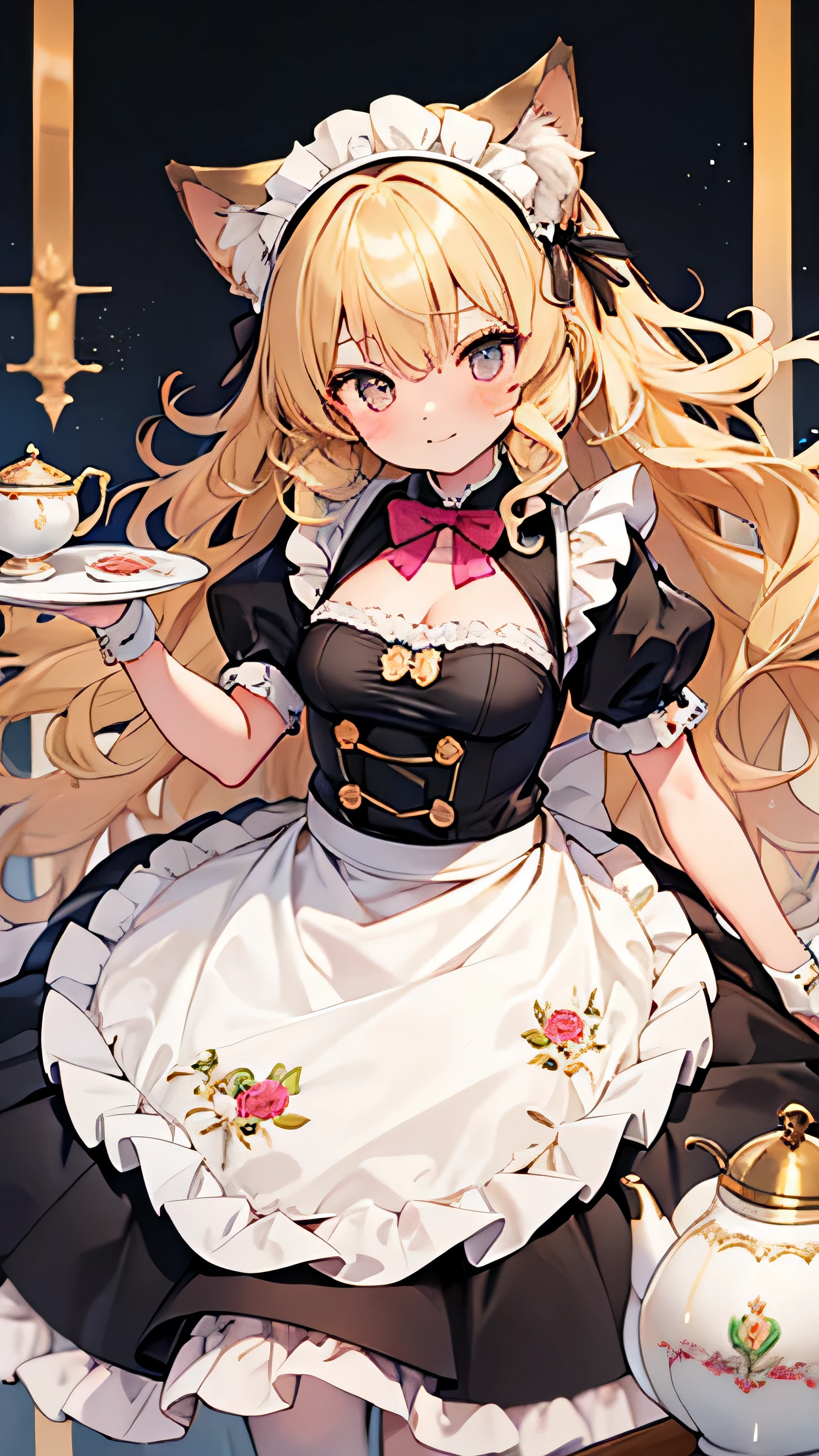 Blonde, Curly Hair, hair band, Cat ear, Art Deco, Shine, Symmetric, throw, Anatomically correct, Textured skin, Attention to detail, Highest quality, Super Detail, Maid, pretty girl, Tea Time, colorful