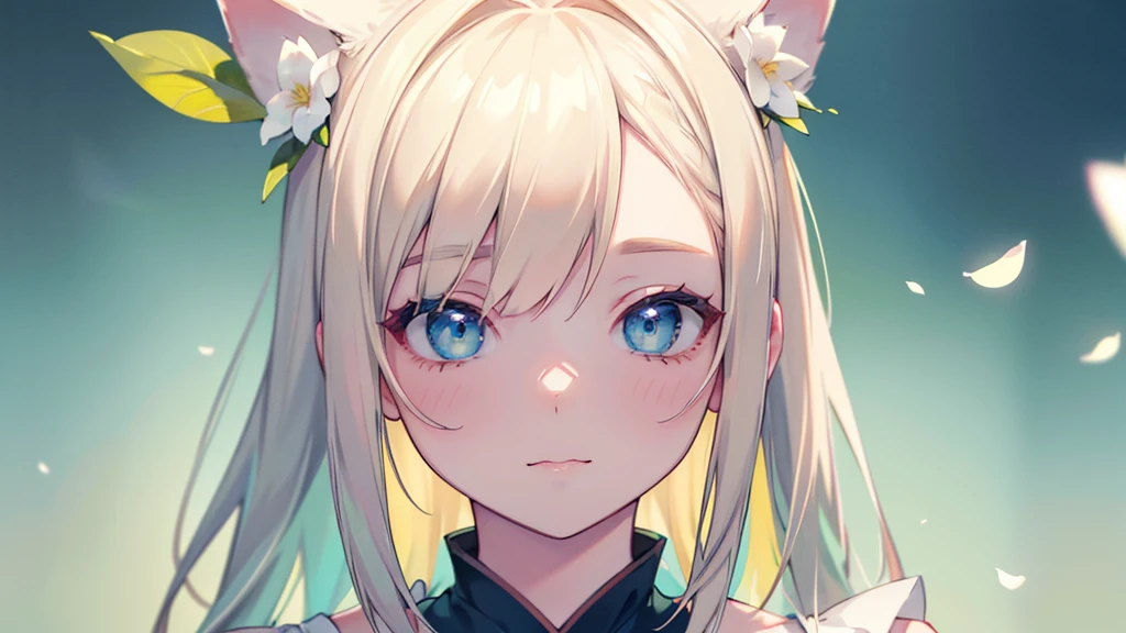 1 girl, animal ears, pale blonde hair, ash blonde hair, minty green dress, yellow flowers, mint green flowers, white flowers, blossoms, cute, fun pose, (best quality,4k,8k,highres,masterpiece:1.2),ultra-detailed,(realistic,photorealistic,photo-realistic:1.37),HDR,UHD,studio lighting,ultra-fine painting,sharp focus,physically-based rendering,extreme detail description,professional,vivid colors,bokeh,fantasy,portrait