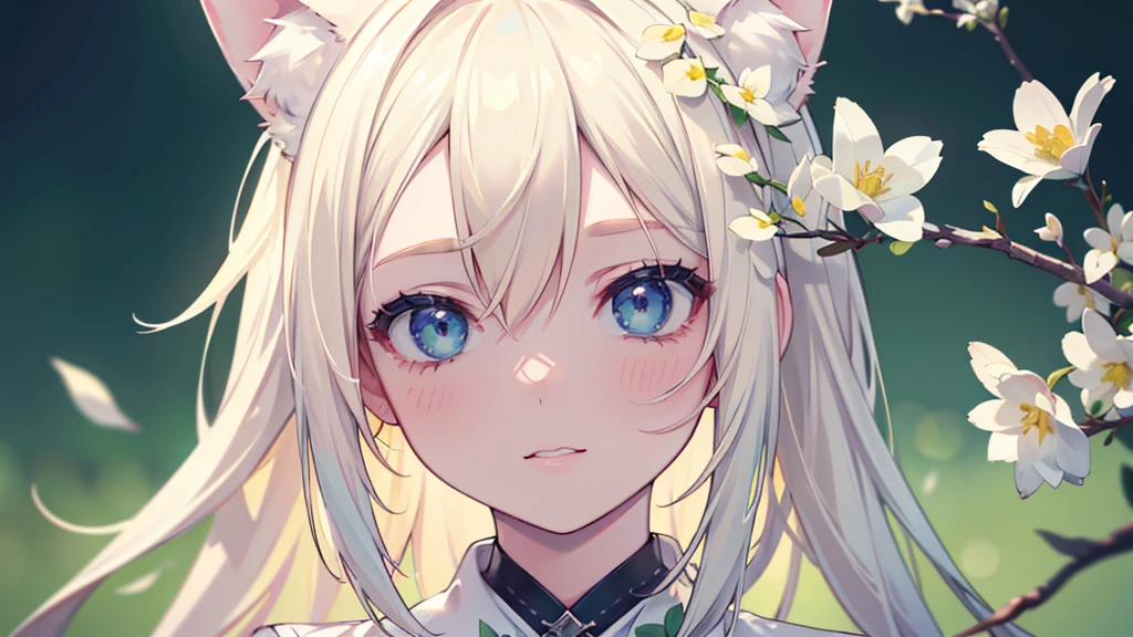 1 girl, animal ears, pale blonde hair, ash blonde hair, minty green dress, yellow flowers, mint green flowers, white flowers, blossoms, cute, fun pose, (best quality,4k,8k,highres,masterpiece:1.2),ultra-detailed,(realistic,photorealistic,photo-realistic:1.37),HDR,UHD,studio lighting,ultra-fine painting,sharp focus,physically-based rendering,extreme detail description,professional,vivid colors,bokeh,fantasy,portrait