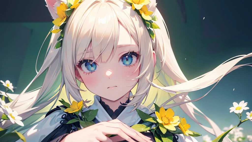 1 girl, animal ears, pale blonde hair, ash blonde hair, minty green dress, yellow flowers, mint green flowers, white flowers, blossoms, cute, fun pose, (best quality,4k,8k,highres,masterpiece:1.2),ultra-detailed,(realistic,photorealistic,photo-realistic:1.37),HDR,UHD,studio lighting,ultra-fine painting,sharp focus,physically-based rendering,extreme detail description,professional,vivid colors,bokeh,fantasy,portrait