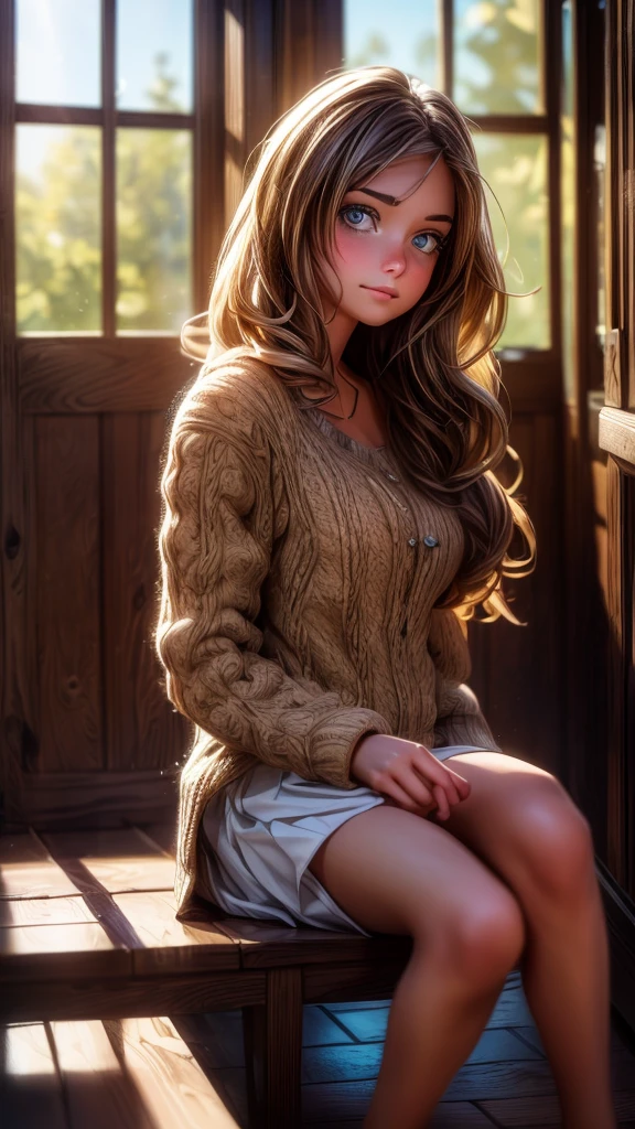 Wooden school building corridor、Lying Girl