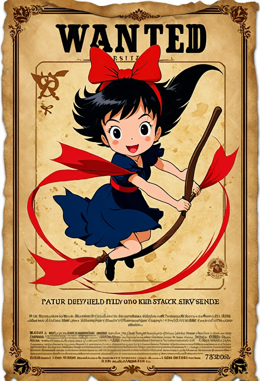 A wanted poster featuring Kiki from Kiki's Delivery Service. Kiki is depicted flying on her broomstick, with her signature red ribbon in her hair. The poster is designed to look old and worn, with "WANTED" at the top, a description of Kiki, and a reward amount at the bottom. The background has a parchment-like texture with some tears and stains.