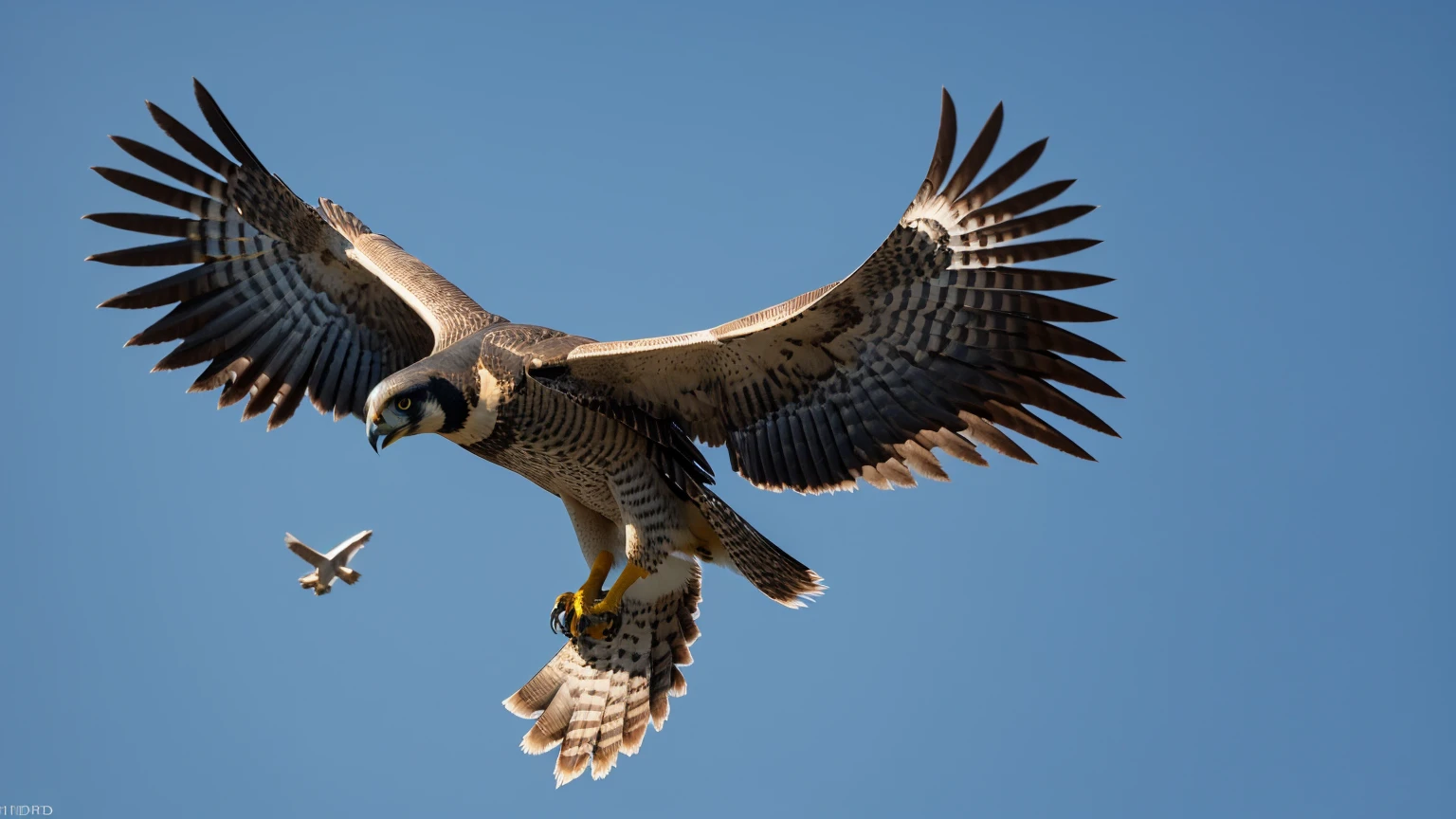 "A dramatic image of a peregrine falcon striking its prey in mid-air. Show the falcon in a high-speed dive, with the prey visibly stunned or immobilized by the impact. Use a high contrast and detailed style to highlight the force of the dive and the precision of the strike. The background should include a panoramic view of the sky and landscape to showcase the falcon’s impressive hunting technique." UHD, anatomically correct, accurate, super detail, high details, high quality, best quality, highres, 4K, 8k
