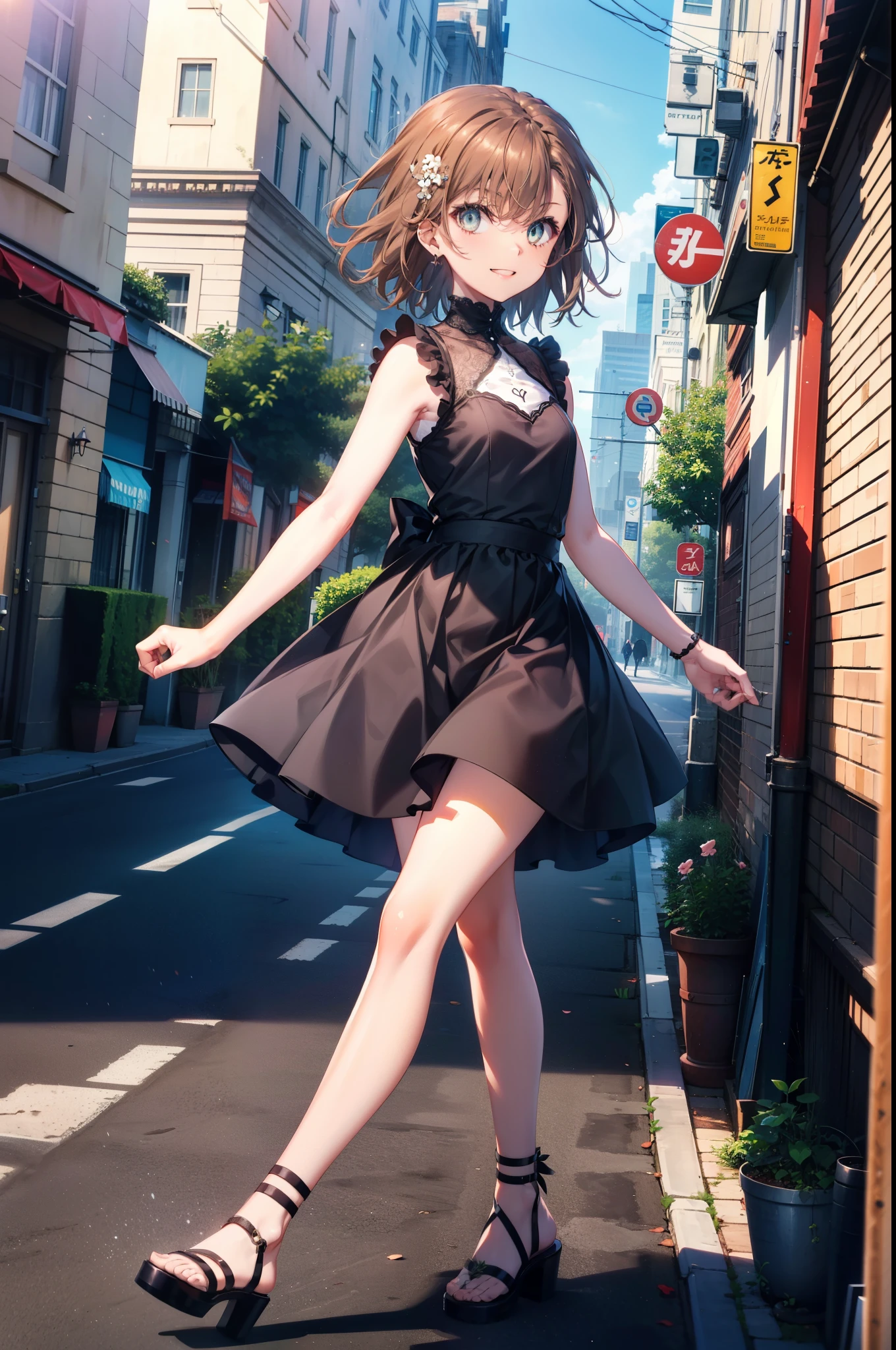 Mycotrose, Brown eyes,Brown Hair,short hair,One side up,Small breasts,Flower Hair Ornaments,happy smile, smile, Open your mouth,Sleeveless dress,Long skirt,Heeled Sandals,Walking,whole bodyがイラストに入るように, break looking at viewer, whole body, break outdoors, Coastal street with buildings, break (masterpiece:1.2), Highest quality, High resolution, unity 8k wallpaper, (shape:0.8), (Beautiful and beautiful eyes:1.6), Highly detailed face, Perfect lighting, Extremely detailed CG, (Perfect hands, Perfect Anatomy),