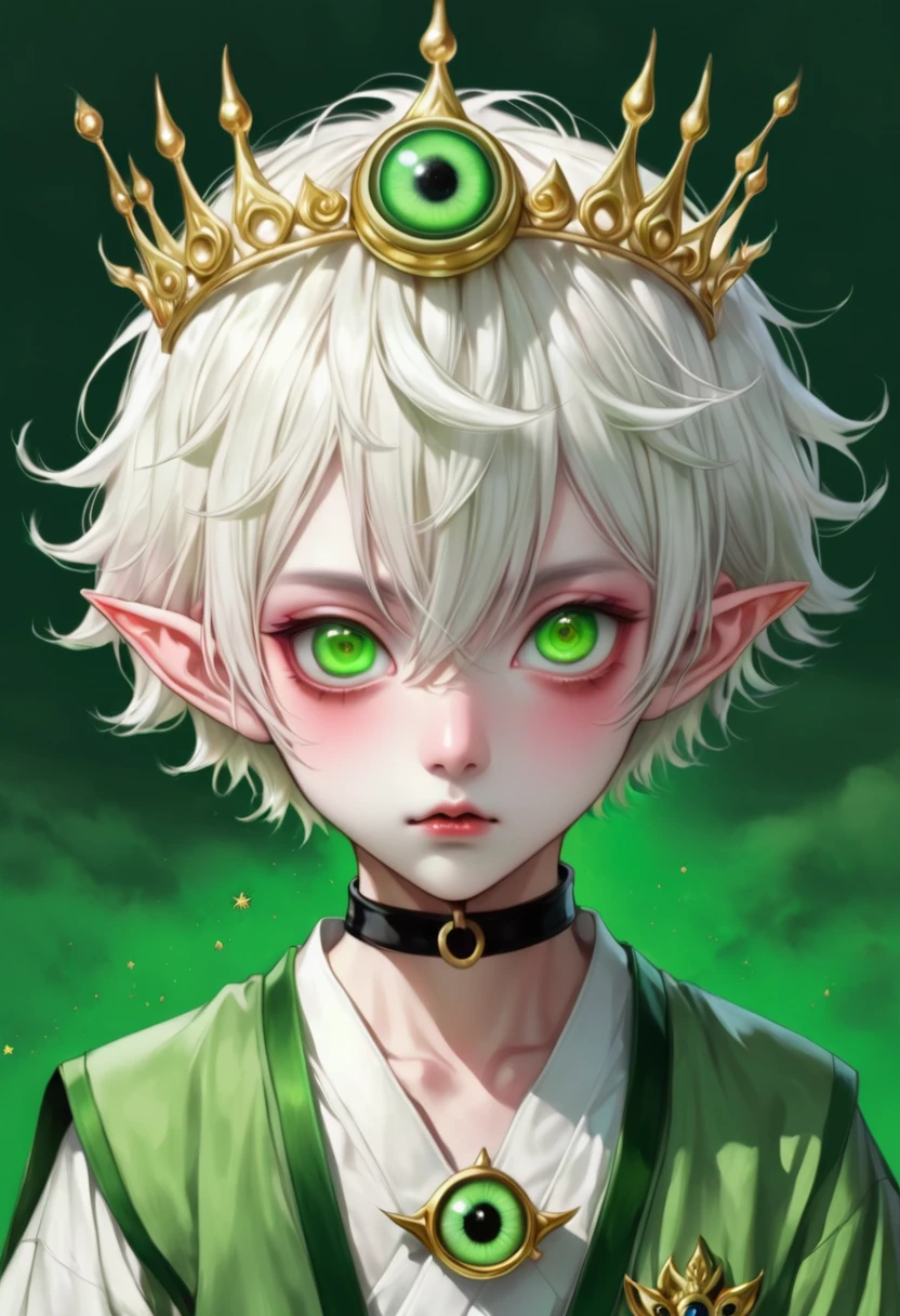 Japanese Anime,Second Dimension,Horror style,horror character,(((Three-eyed boy,独奏,third eye on the forehead,Dark eyeshadow,White short hair,Elf ears,Green Skin,Exaggerated golden crown-eyeball decoration))),(((Japanese clothing))).(((Thin waist,Green belt:1.6))).Pure pink background