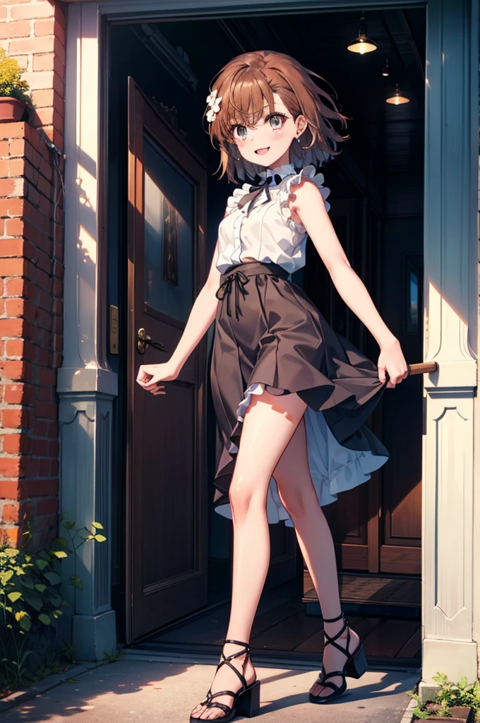 Mycotrose, Brown eyes,Brown Hair,short hair,One side up,Small breasts,Flower Hair Ornaments,happy smile, smile, Open your mouth,Sleeveless dress,Long skirt,Heeled Sandals,Walking,whole bodyがイラストに入るように, break looking at viewer, whole body, break outdoors, Coastal street with buildings, break (masterpiece:1.2), Highest quality, High resolution, unity 8k wallpaper, (shape:0.8), (Beautiful and beautiful eyes:1.6), Highly detailed face, Perfect lighting, Extremely detailed CG, (Perfect hands, Perfect Anatomy),