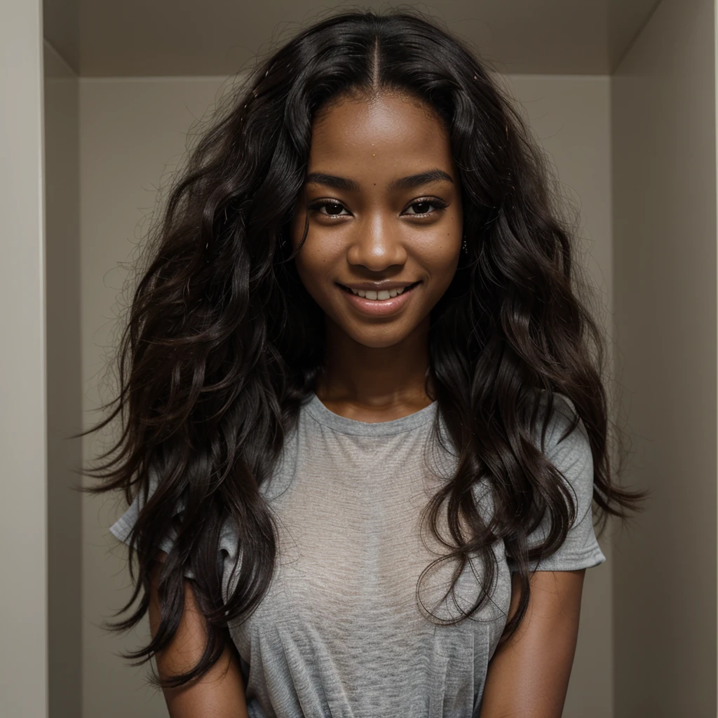 masterpiece, best quality, 1 girl, solo, beautiful African and Asian mixed 19 year old, ebony skin female, long, frizzy, curly dark hair, perfect face, long hair wearing a halo and smiling
