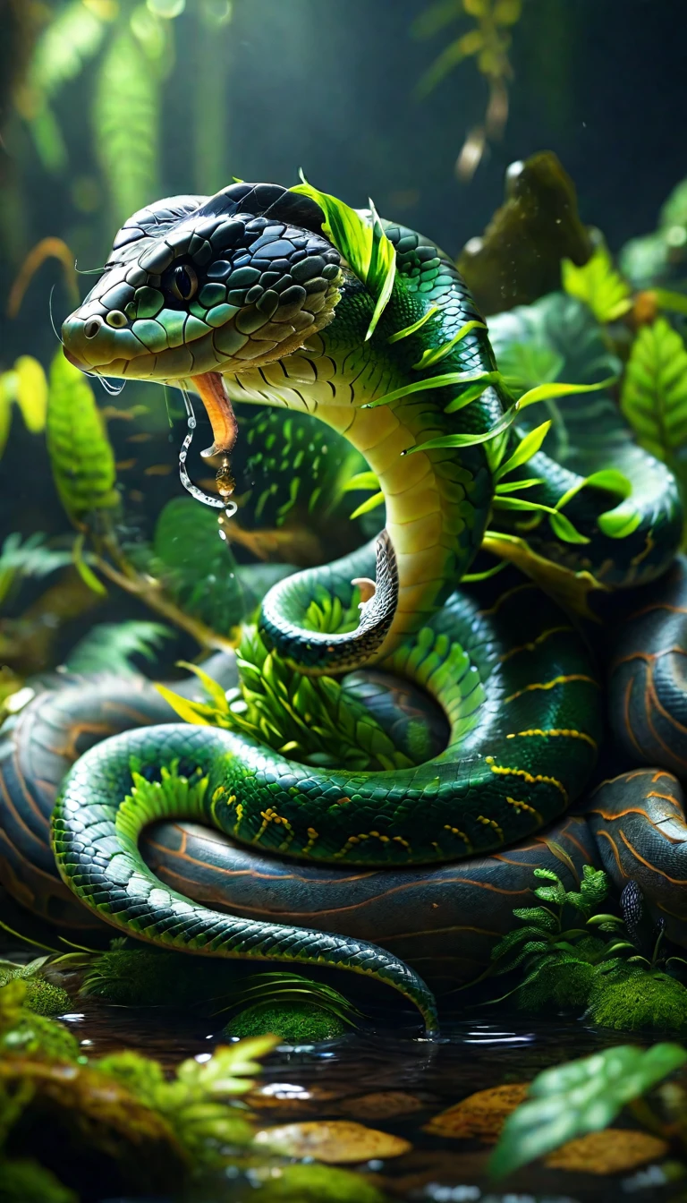 There is a creature in the watesh body，Snake tail(best quality，4K，8k，High level，masterpiece：1.2），Ultra Detailed，（lifelike，Photo real，Photo real：1.37），Highly detailed animals，Complex patterns，Realistic lighting，Fantasy Creatures