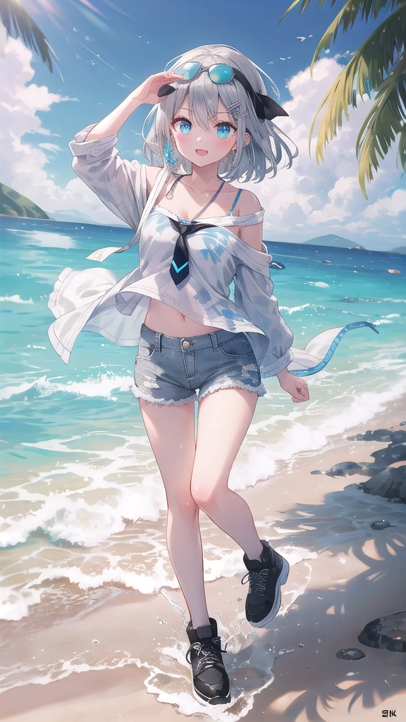 (8K, best quality, master piece: 1.3),super high resolution,1 girl, solo, full body ,ultra-detailed face, silme, (silver gray hair), thin hair clip, cyan colorshift eyes, expressive eyes, Ecstatic expression,Hippie style, cotton, denim, tie-dye, blue, headband, sunglasses, Sandy beach, gold, blue, white, bright and relaxing