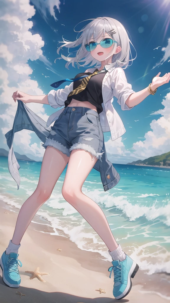 (8K, best quality, master piece: 1.3),super high resolution,1 girl, solo, full body ,ultra-detailed face, silme, (silver gray hair), thin hair clip, cyan colorshift eyes, expressive eyes, Ecstatic expression,Hippie style, cotton, denim, tie-dye, blue, headband, sunglasses, Sandy beach, gold, blue, white, bright and relaxing