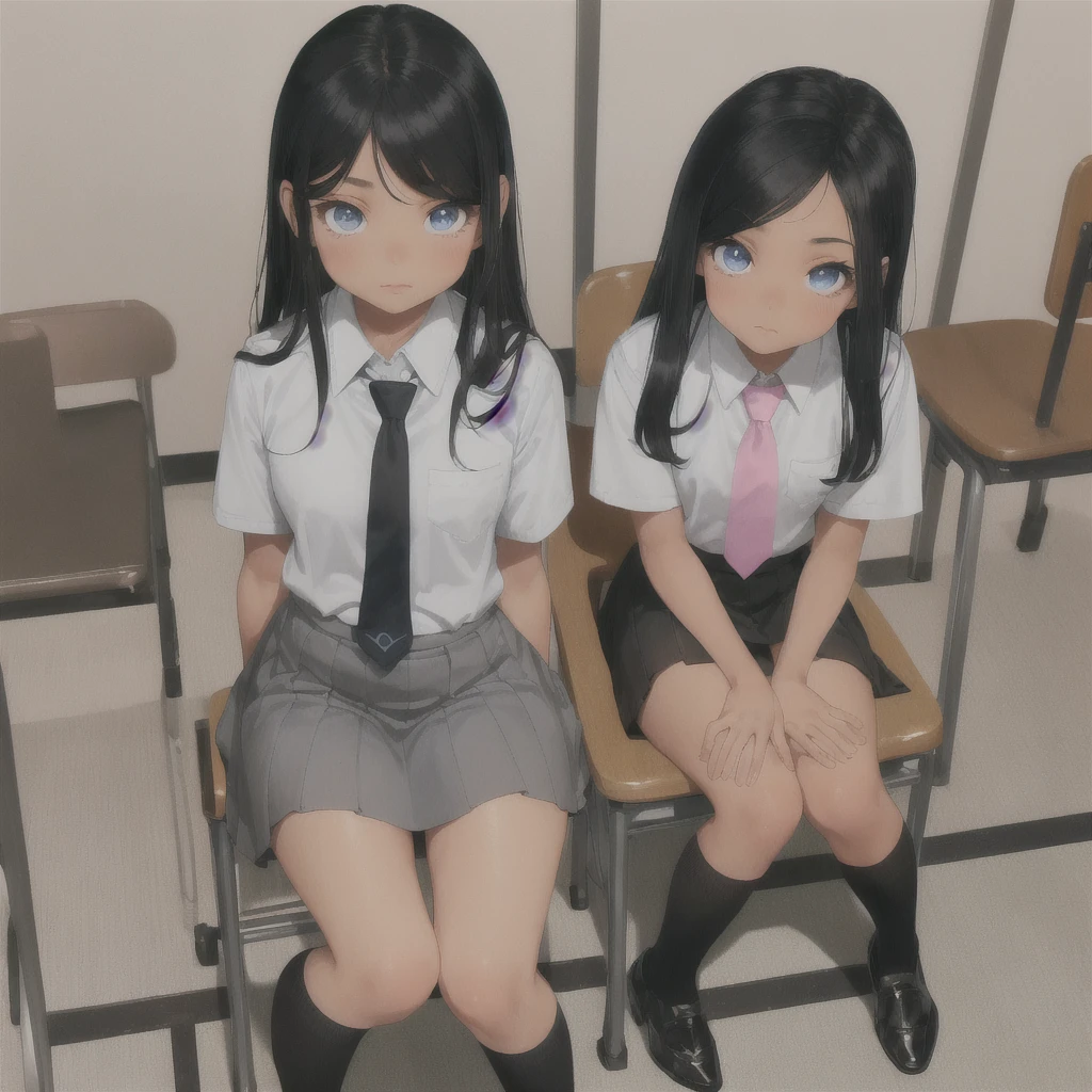 Latina , brown skin, beautiful face, small nose , eyelashes, blue eyes, long straight black hair, white school shirt, pink tie, grey medium length skirt, white socks, black fancy shoe, sitting on a chair