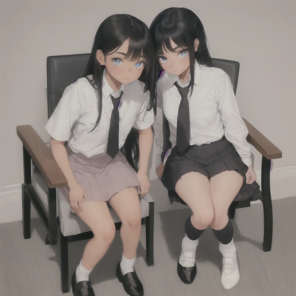 Latina teen, brown skin, beautiful face, small nose , eyelashes, blue eyes, long straight black hair, white school shirt, pink tie, grey medium length skirt, white socks, black fancy shoe, sitting on a chair