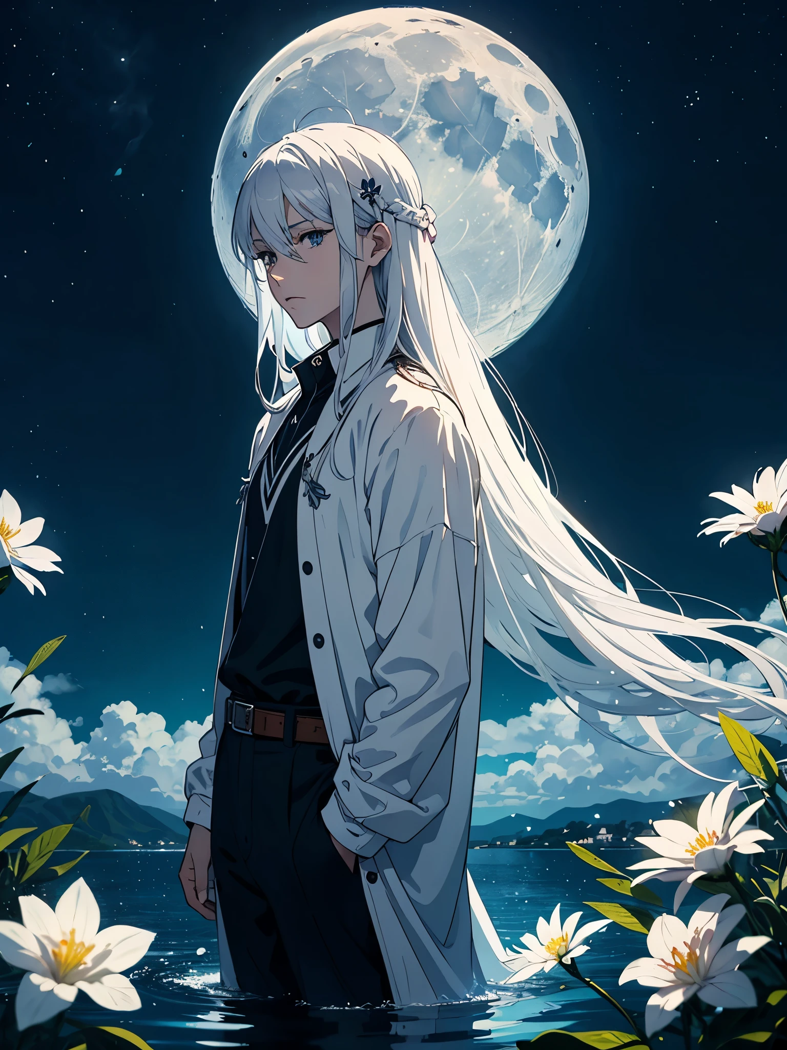 With white snake. More anime. light blue light. Bright bright light. magical. Moon. White flowers. male. Long hair. long white hair. aquatic, boy, God of the Moon, silver hair accessories, White hair. 