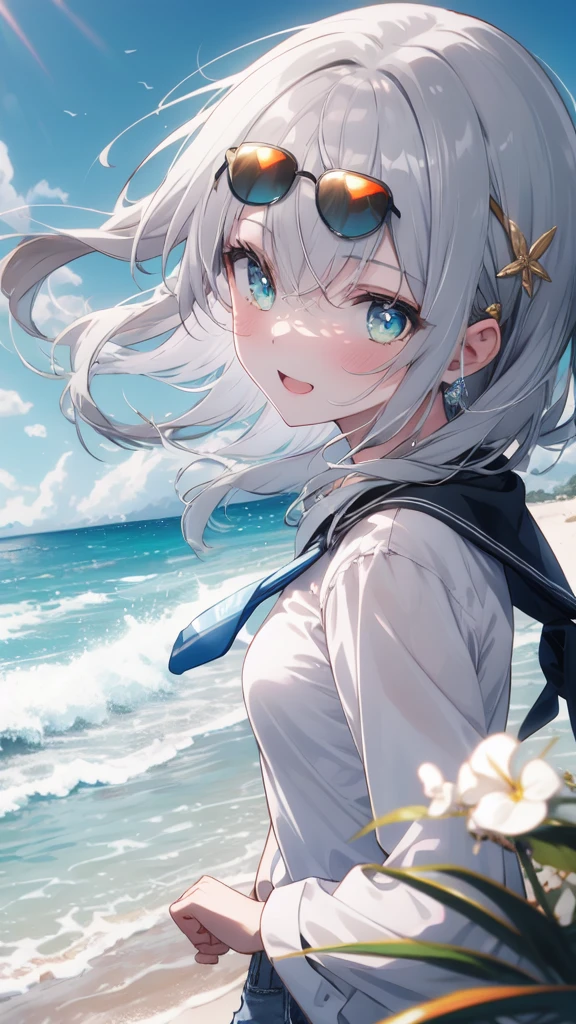 (8K, best quality, master piece: 1.3),super high resolution,1 girl, solo, full body ,ultra-detailed face, silme, (silver gray hair), thin hair clip, cyan colorshift eyes, expressive eyes, Ecstatic expression,Hippie style, cotton, denim, tie-dye, blue, headband, sunglasses, Sandy beach, gold, blue, white, bright and relaxing