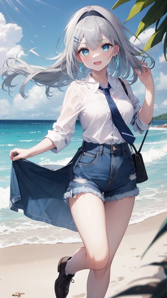 (8K, best quality, master piece: 1.3),super high resolution,1 girl, solo, full body ,ultra-detailed face, silme, (silver gray hair), thin hair clip, cyan colorshift eyes, expressive eyes, Ecstatic expression,Hippie style, cotton, denim, tie-dye, blue, headband, sunglasses, Sandy beach, gold, blue, white, bright and relaxing