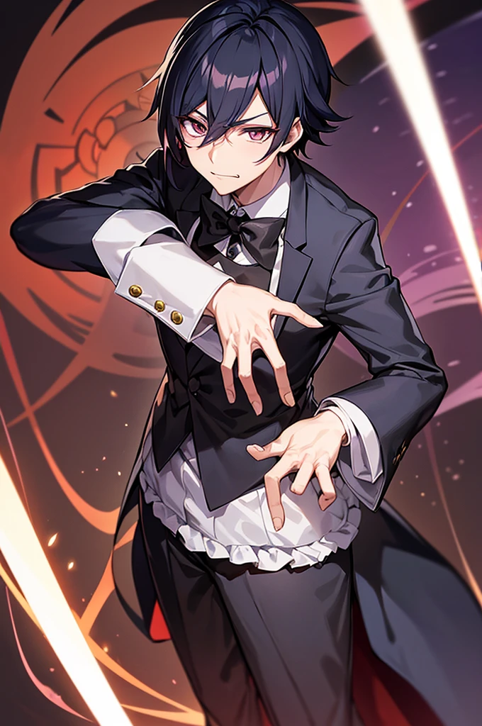 anime character in a butler uniform with a dress sword and black bow tie, hajime yatate, gurren lagan, akasuki voidstar, as an anime character, guren lagan, okata kazuto, male anime character, wataru kajika, takumi fujiwara, nefarious smirk, taisho roman, thancred waters