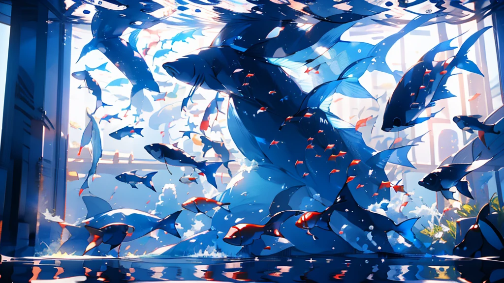 Ocean, In the water, Full of fish, All kinds of fish, detailed, nice, Cinematic, dynamic, high quality, 8k, no one, 0 people