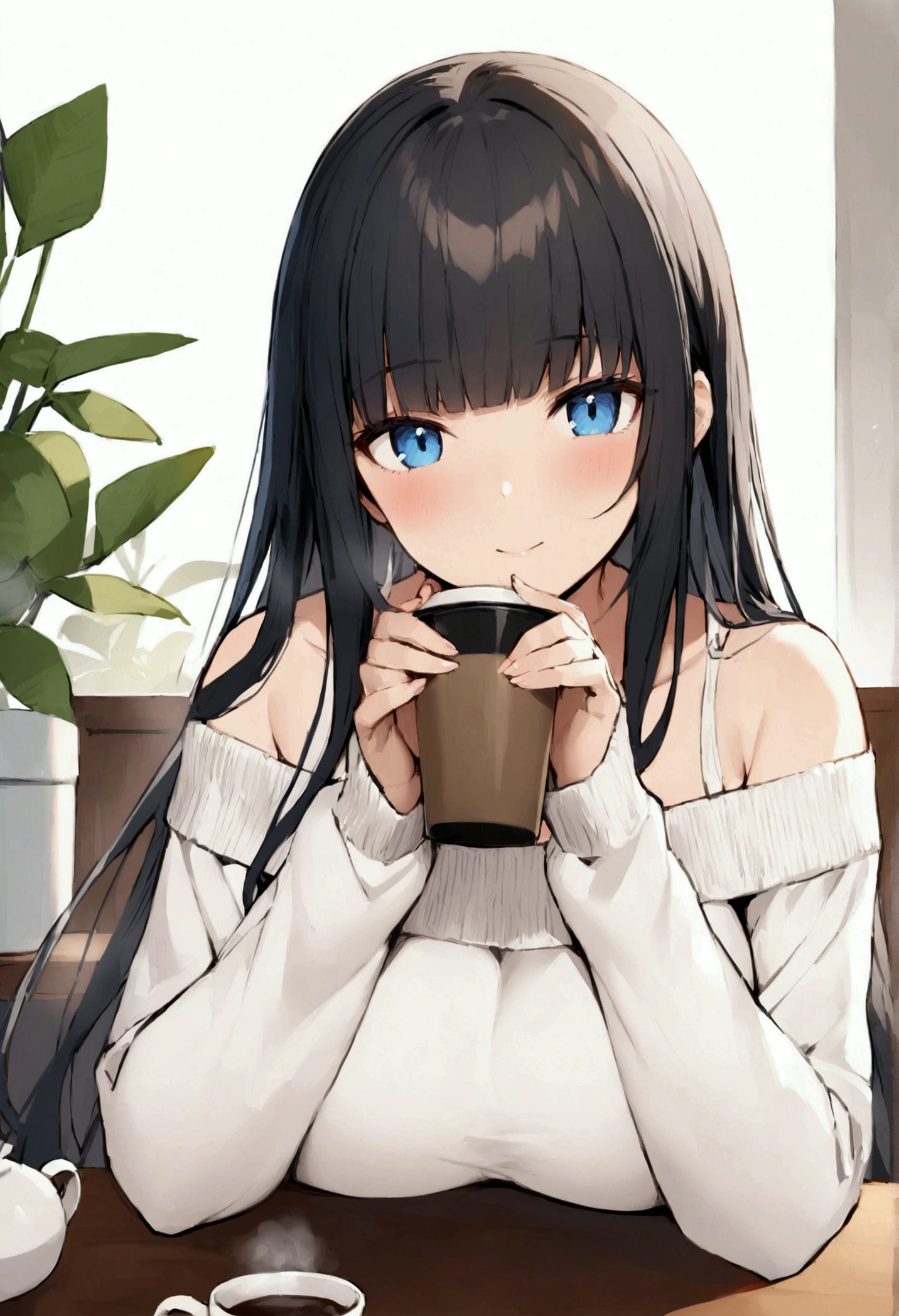 Hime cut with long black hair、Has straight bangs and blue eyes、A girl with very large breasts wears an off-the-shoulder sweater。Drinking coffee at desk。Coffee is one。The girl has a relaxed, calm and satisfied look。