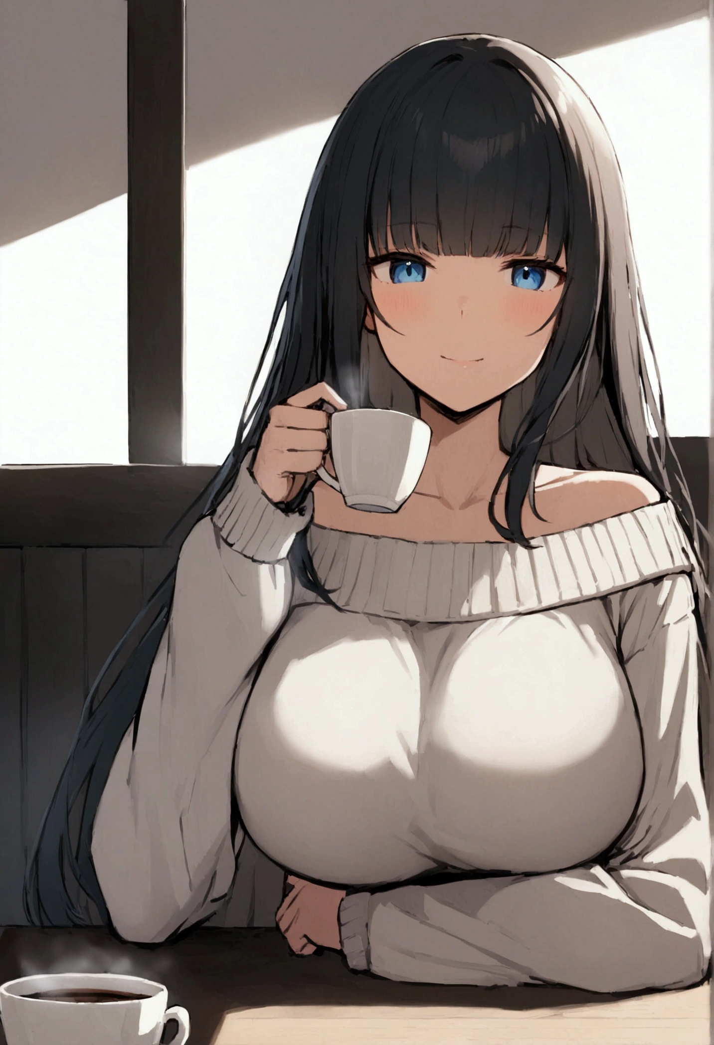 Hime cut with long black hair、Has straight bangs and blue eyes、A girl with very large breasts wears an off-the-shoulder sweater。Drinking coffee at desk。Coffee is one。The girl has a relaxed, calm and satisfied look。