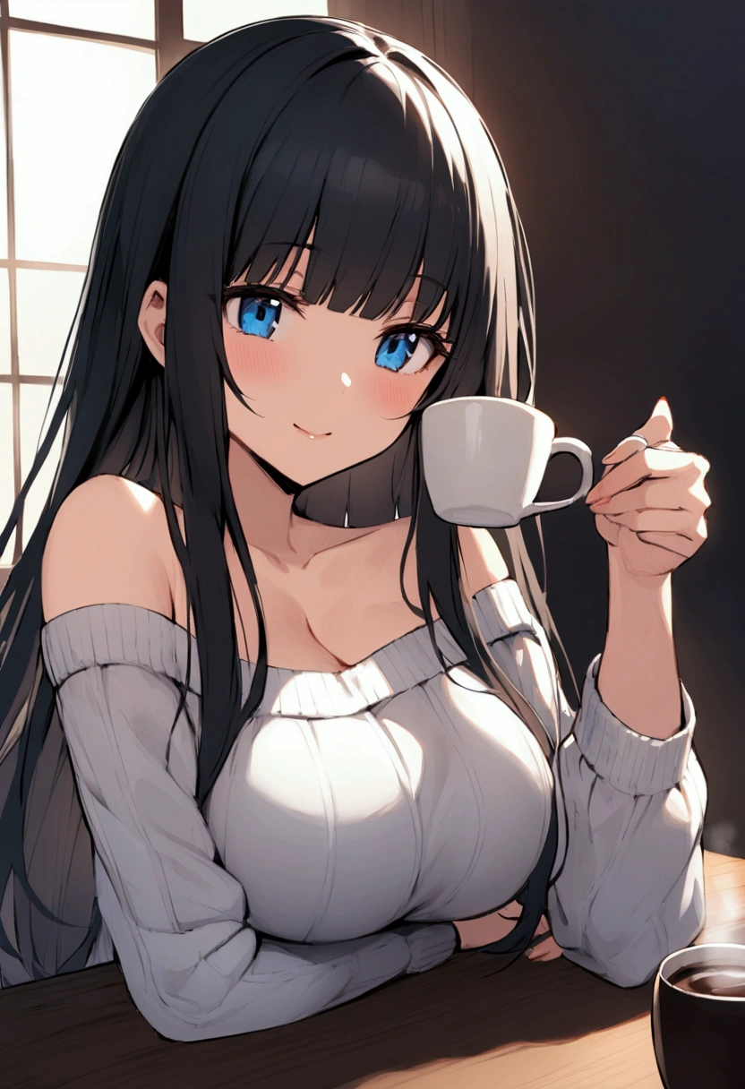 Hime cut with long black hair、Has straight bangs and blue eyes、A girl with very large breasts wears an off-the-shoulder sweater。Drinking coffee at desk。Coffee is one。The girl has a relaxed, calm and satisfied look。