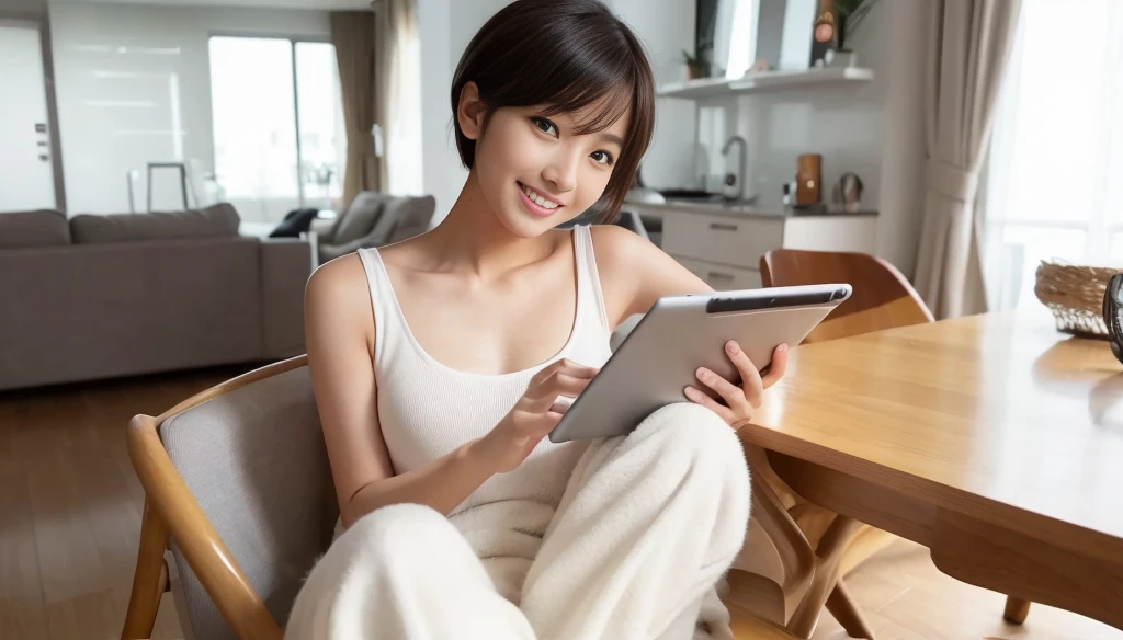 masterpiece, realistic, photorealistic, best quality, natural lighting, ((in the colorful living room of a modern apartment)), A young Japanese woman with brown straight very short hair, (solo), tank top, (sitting in a chair), (searching the Internet on a iPad), looking at viewer, best quality real texture skin, detailed beautiful delicate face and eyes, double eyelid, smile:1.2, white teeth:1.2,