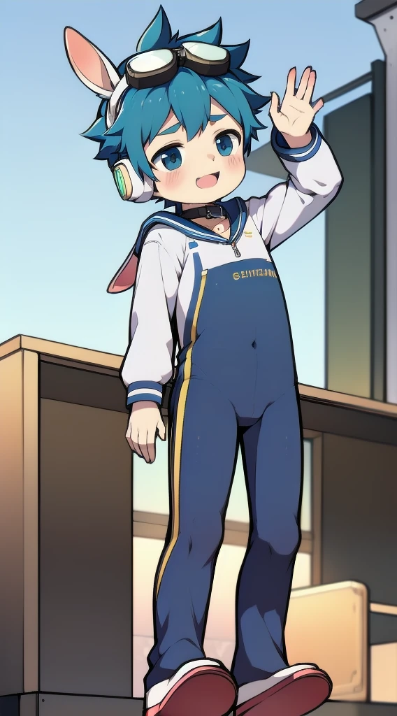 2D Shonen Shota，One-piece suit，Slim, healthy body，Put the headphones on your head，stand up，goggles，Rabbit ears，Happy，Sailor collar，stocking，charming，Akimbo