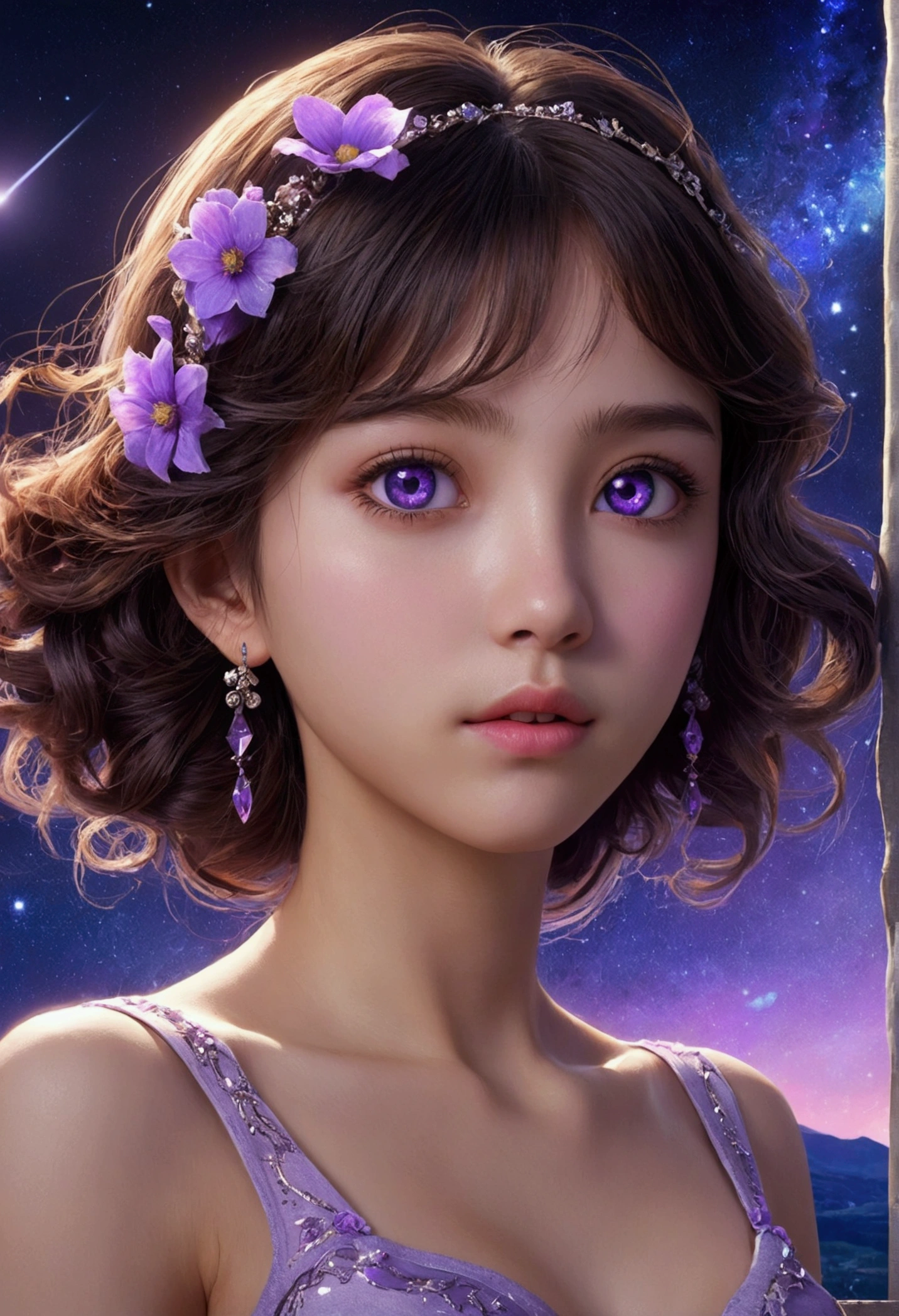 masterpiece, best quality, ultra-detailed, illustration, , , 1girl,solo, image body, flower, looking at viewer, , , purple eyes, jewel-like eyes, extremely detailed eyes, extremely detailed face,, , star (sky), constellation, purple energy, railing, meteor