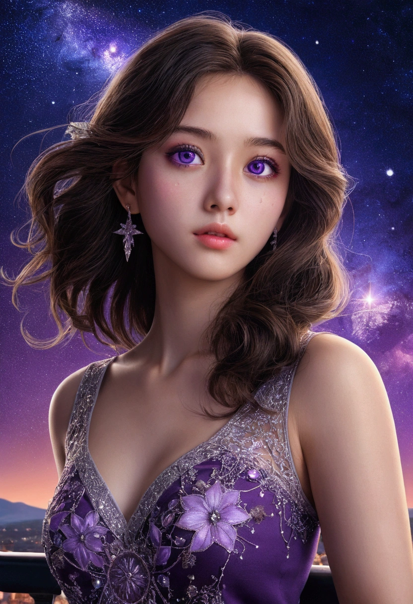 masterpiece, best quality, ultra-detailed, illustration, , , 1girl,solo, image body, flower, looking at viewer, , , purple eyes, jewel-like eyes, extremely detailed eyes, extremely detailed face,, , star (sky), constellation,  purple energy,  railing, meteor