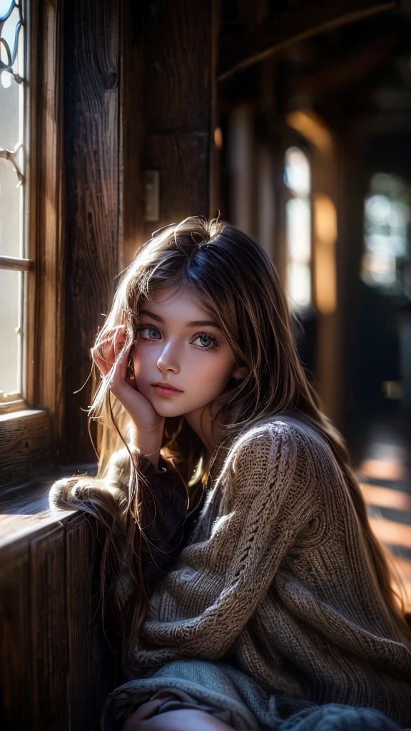 a young girl lying in the hallway of a wooden school building, beautiful detailed eyes, beautiful detailed lips, extremely detailed eyes and face, longeyelashes, school uniform, relaxed pose, sunlight streaming through windows, warm lighting, intricate wood grain textures, (best quality,4k,8k,highres,masterpiece:1.2),ultra-detailed,(realistic,photorealistic,photo-realistic:1.37),intricate architectural details,atmospheric,serene,cozy,soft colors,natural lighting