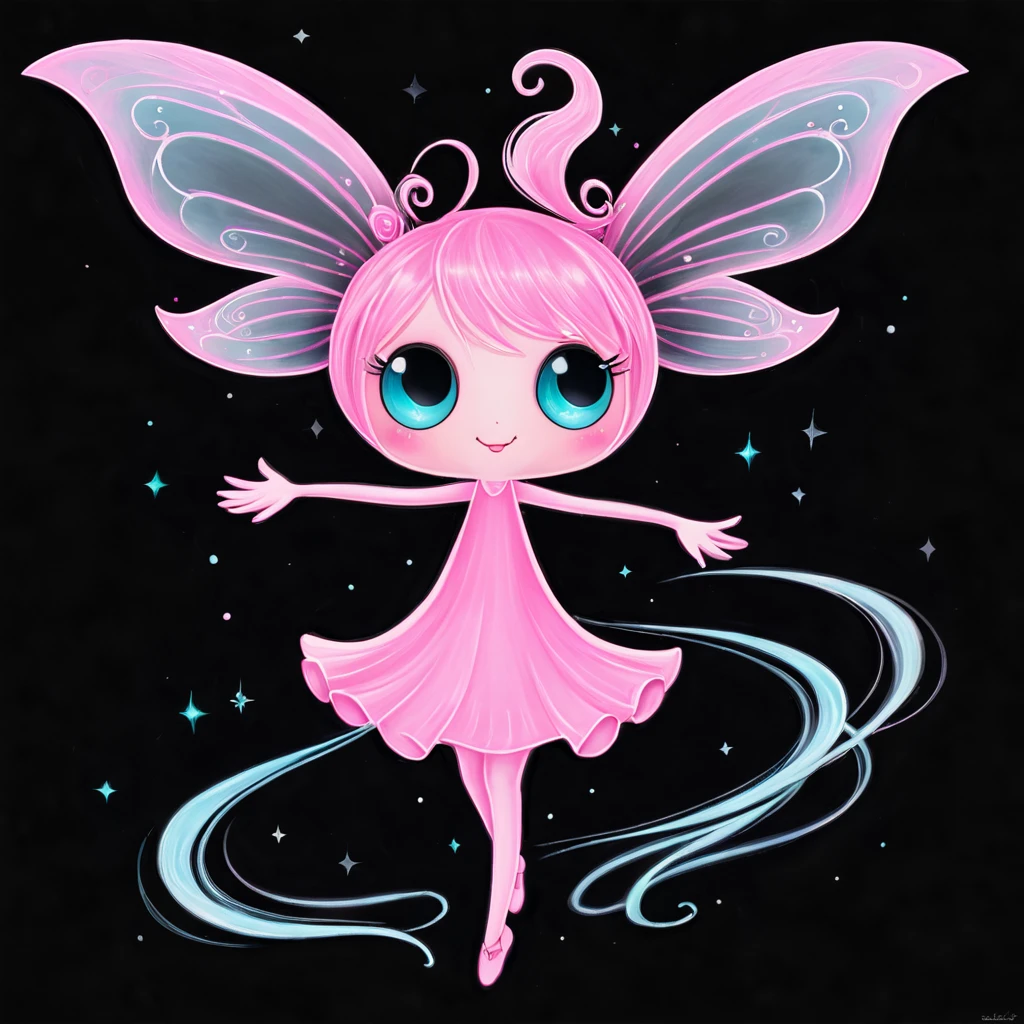 ((A will-o'-the-wisp)),  character, pastel pink, black background