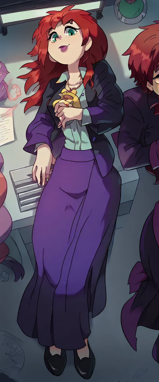 A cute girl, light skin, sexy, attractive, red hair, shiny cut, tousled, her green eye, dresses in a purple button-down buttoned long office coat and a long purple skirt with a black heel.