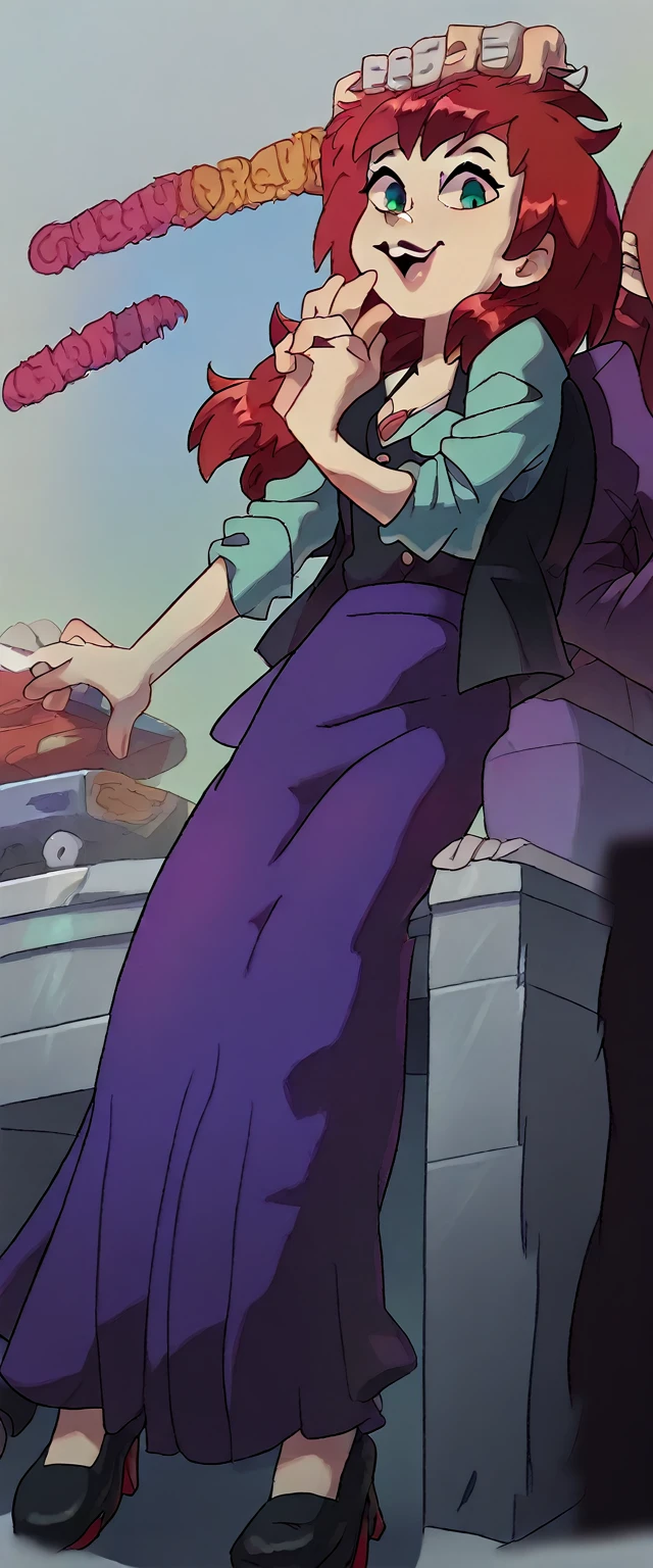 A cute girl, light skin, sexy, attractive, red hair, shiny cut, tousled, her green eye, dresses in a purple button-down buttoned long office coat and a long purple skirt with a black heel.