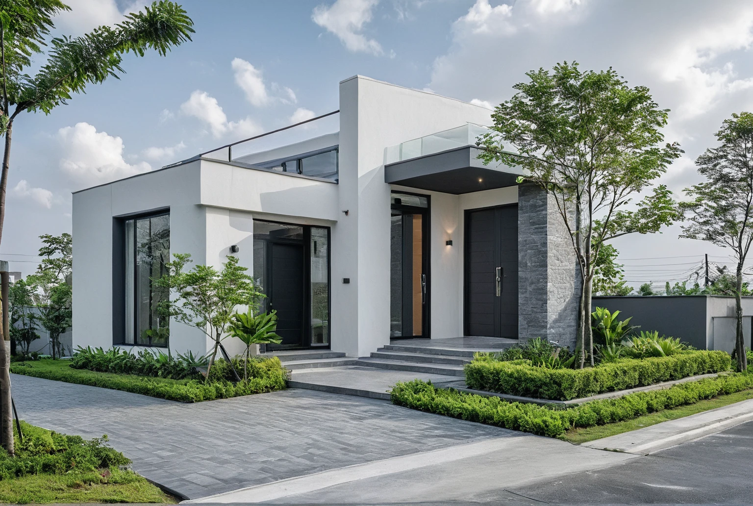 Raw photo, masterpiece, high quality, best quality, realistic, super detailed, outdoor, 2-storey house, modern townhouse style, (white wall), curved wall facade, aluminum interior door glass, curved planter, gray tiled accent wall, gray iron box exterior gate, road, sidewalk, grass, trees, sky, clouds, (daylight):1.1)