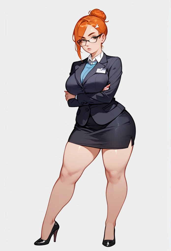 authoritative pale adult woman, large breasts, very thick thighs, thick calves, large thighs, wide hips, short ginger hair in a sleek hairbun, glasses, tight black blazer, tight black pencil skirt, mid-thigh black pencil skirt hem, thick thighs pressed together, very thick legs, thick calves, wearing black high heels, bored expression, strict teacher, facing forward, she is standing, legs and feet in the photo, crossing arms under her chest, straight face, raised eyebrow, full body shown, voluptuous, detailed face, 8k quality, professional, full body shown, staring