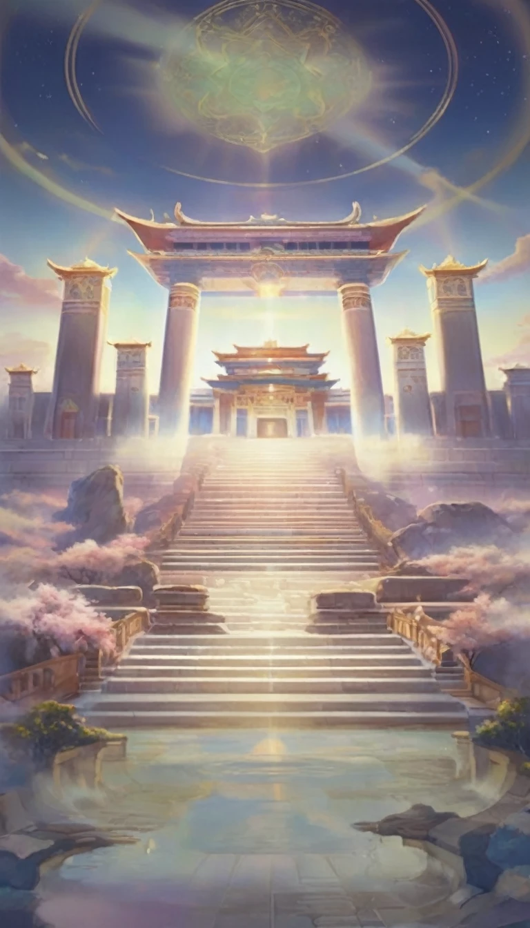 A painting of a building，Background is sky，There are stairs leading to the building, Temple Background, Kingdom of Light Background, Palace Background, Depicting the background of the temple, The throne of Mount Olympus, Entering the Etheric Realm, background technology, A mysterious temple, Arena Background, Heaven&#39;s Gate, Heaven Background, Game Background, mysterious temple setting, background technologywork, The floating palace