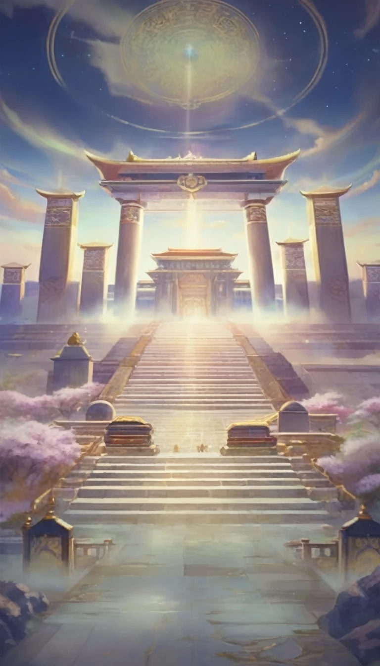 A painting of a building，Background is sky，There are stairs leading to the building, Temple Background, Kingdom of Light Background, Palace Background, Depicting the background of the temple, The throne of Mount Olympus, Entering the Etheric Realm, background technology, A mysterious temple, Arena Background, Heaven&#39;s Gate, Heaven Background, Game Background, mysterious temple setting, background technologywork, The floating palace